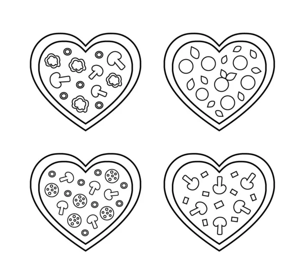 Kalp şeklinde doğrusal pizzalar. Pankartlar, posterler, kartlar için romantik yemek unsurları. Vektör illüstrasyonu