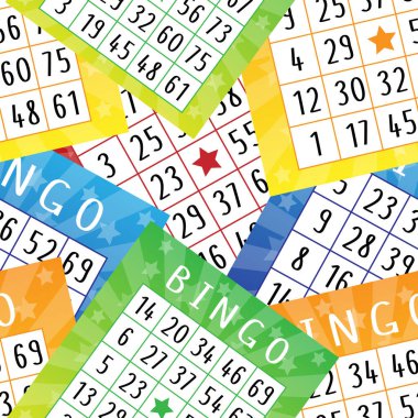Biletler ve numaralarla bingo kusursuz desen. Afişler, posterler, paketler, kapaklar, duvar kağıtları, ambalaj kağıtları için eğlenceli bir süs. Vektör illüstrasyonu