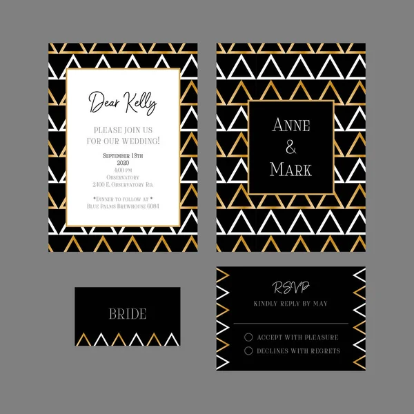 Düğün davetiyesi ve kart koleksiyonunda siyah, beyaz ve altın geometri birinci sınıf desenler var. Zarif ve modern ölçekli davet (5 * 7 in), RSVP (3,5 * 5 in) ve tablo kartı. Vektör illüstrasyonu
