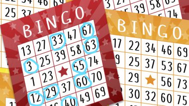 Bingo kırmızı ve turuncu biletler. Pankart, poster, duvar kağıdı, web sitesi, kapak, sosyal medya için şenlikli piyango arka planı