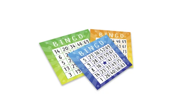 Bingo Komposition Mit Blauen Grünen Und Orangefarbenen Karten Auf Weißem — Stockfoto