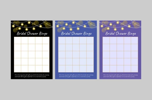 Set Cards Bridal Shower Game Black Blue Purple Bingo Cards — Stock Vector