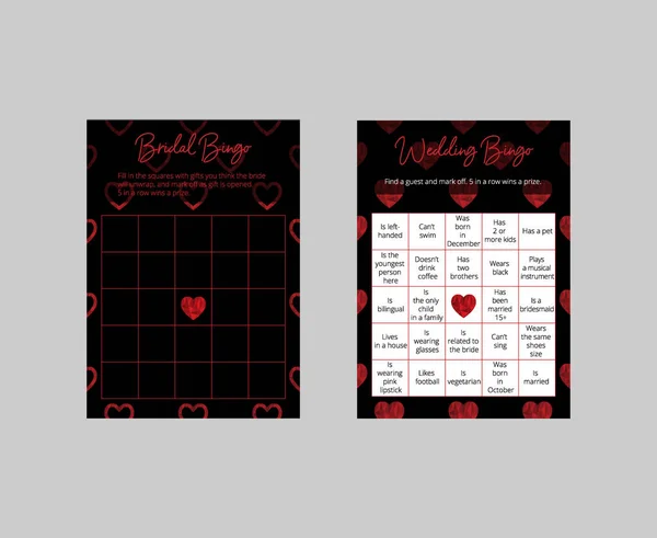 Colección Tarjetas Bingo Nupcial Boda Elegantes Entradas Negras Rojas Oscuras — Vector de stock