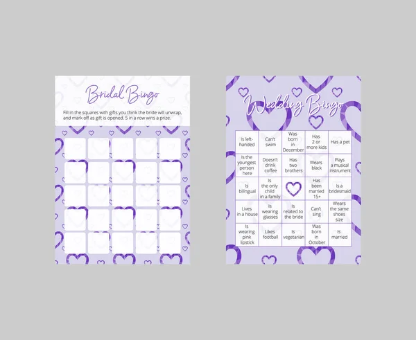 結婚式のレセプションやブライダルシャワーのためのかわいいビンゴカードのセット 紫色のハート柄の甘いチケット スケールベクトルテンプレート — ストックベクタ