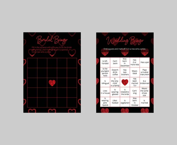 Kolekcja Ślubnych Ślubnych Kart Bingo Eleganckie Czarne Czerwone Bilety Wielokątnymi — Wektor stockowy