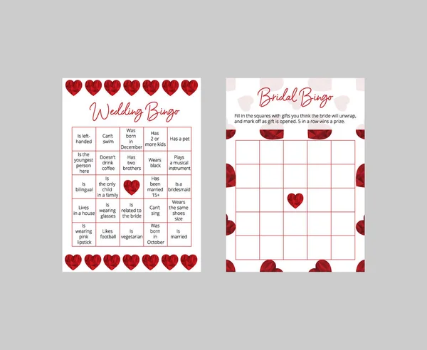 Bingo Spielkarten Für Hochzeitsempfang Und Brautdusche Elegante Eintrittskarten Mit Roten — Stockvektor