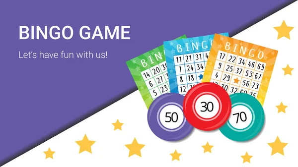 Vivid Bingo Game Banner Tickets Balls Stars Purple White Background — Stock Vector