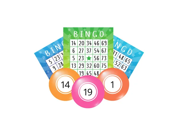 Beyaz arka planda gerçekçi topları olan bingo biletleri. Pankart, poster, duvar kağıdı, web sitesi, kapak, sosyal medya için kullanılabilir. Vektör illüstrasyonu