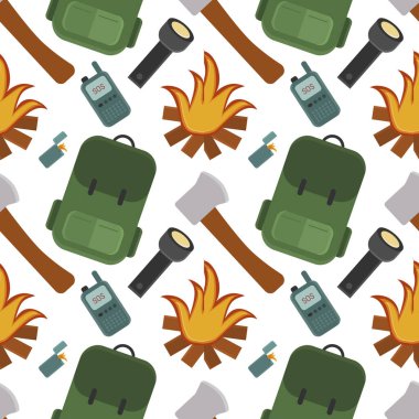 Sırt çantası, el feneri, yangın, balta ve çakmak olan kusursuz bir kamp düzeni. Beyaz arka planda seyahat eden nesnelerle eğlenceli bir vektör süsü. Tekstil, ambalaj kağıdı, paket, hatıra defteri için kullanılabilir