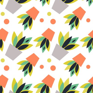 Ev bitkileri ve noktalarla güzel, pürüzsüz bir desen. Kart, etiket, zarf, ambalaj, hatıra defteri, kumaş, duvar kağıdı için kullanılabilir. Vektör illüstrasyonu