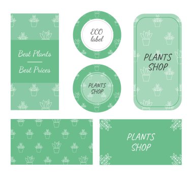 Ev bitkileri desenli markalaşma elementlerinin eko koleksiyonu. Ziyaret kartı, afişler, etiket ve etiketler kozmetik, reklam, paketleme, kutular için. Vektör illüstrasyonu