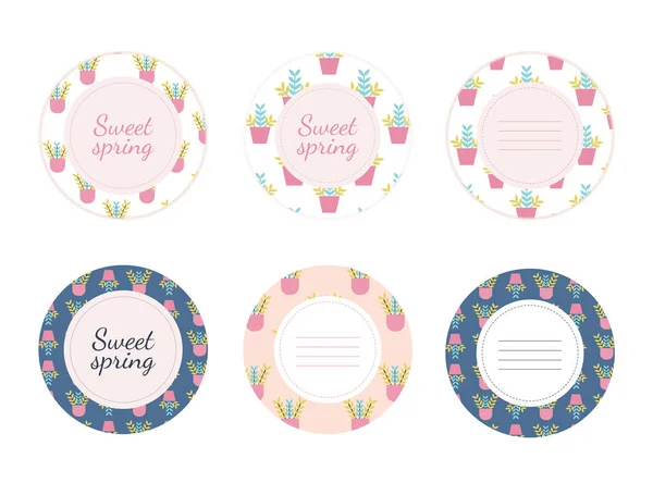 Set Cute Girly Labels Stickers Sweet Spring Templates Houseplants Pattern — Stock Vector