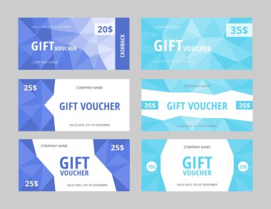 Mavi çokgen elementli makbuzlar. Reklam şirketi için vektör kuponu şablonları. Mağazalar, salonlar, kozmetik ürünleri için modern el ilanları. Standart ölçekli boyut: 210 * 99 mm (8,3 * 3,4 in)