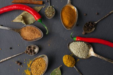 farklı renkli baharat kaşıklarla çemberi