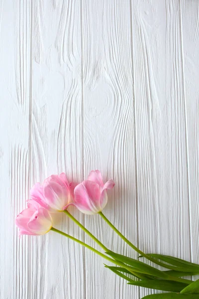 Houten witte achtergrond en roze tulpen. 8 maart, Mother's Day. — Stockfoto