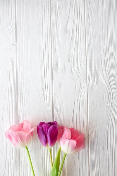 Ξύλινο λευκό φόντο και ροζ τουλίπες. 8 Μαρτίου, ημέρα της μητέρας. — Φωτογραφία Αρχείου
