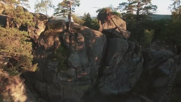 Arial shot vol mariage au-dessus de grandes montagnes couvertes de forêt . — Video