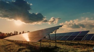 Zaman atlamalı, zengin sarı, turuncu, kırmızı renkleri günbatımında güneş paneli kadar açık. bulut taşımak. MIDL