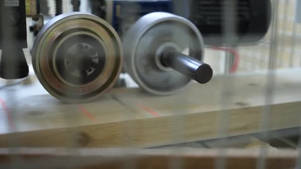En träbearbetning maskin skär styrelsen med tabell cirkelsåg. — Stockvideo