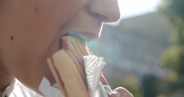 Langzame beweging. Gelukkige jonge tiener jongen eet smakelijke sandwich, in het park buiten. Sluiten.. — Stockvideo