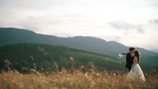 Silhouetten von Brautpaaren, die zusammen im Hintergrund der Berge stehen — Stockvideo