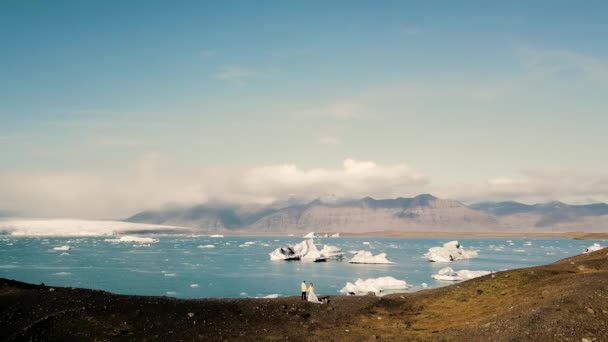 Schönes junges Hochzeitspaar, das in einer wunderschönen Landschaft steht. Liebe. Island — Stockvideo