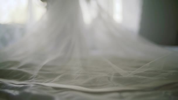 Unidentified bride standing with her back in white dress — Stock Video