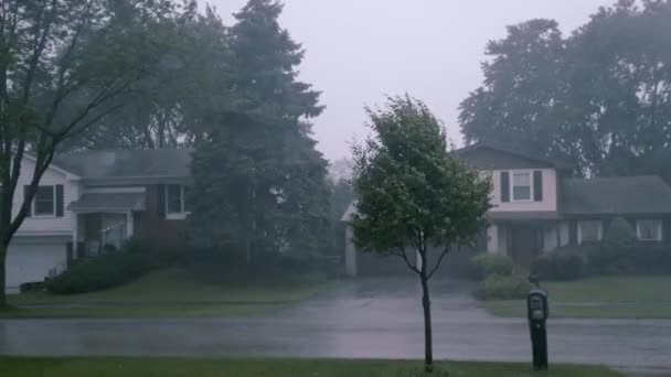 Thunderstorm in the village, heavy rain, trees in the wind. Hurricane, severe weather conditions, Suburbs, — Stock Video