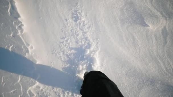 Vista de gran punto de vista en los pies masculinos en botas caminando por sendero nevado. Caminante irreconocible paseando por el bosque. Vista superior de cerca — Vídeo de stock