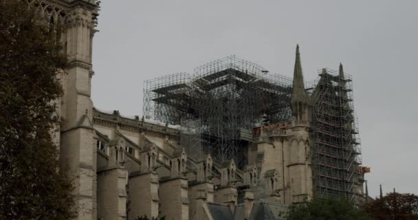 Katolik katedrali Notre-Dame de Paris yangından sonra ortaçağ. Trajik yangından sonra yenileme işi. Paris, Fransa - 18 Ekim 2019: — Stok video