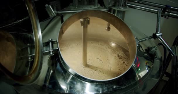 Cerveza oscura en el tanque para la elaboración de cerveza, proceso de fabricación de cerveza. Un tiro al medio. cámara fija — Vídeos de Stock