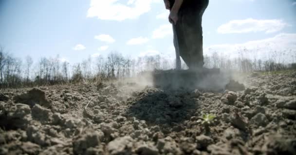 Jordbrukaren arbetar kratta på marken han jord, lossar marken. Hovfältet. Sakta i backarna. Närbild — Stockvideo