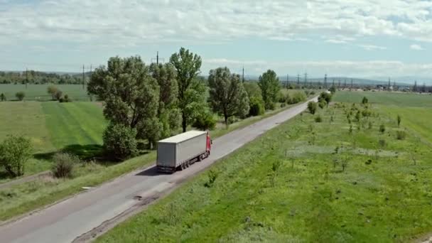 Luftaufnahme eines Lastwagens mit weißem Sattelauflieger, der sich auf der Straße bewegt — Stockvideo