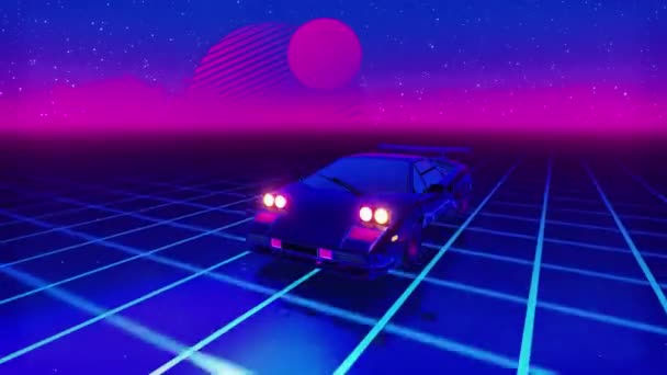 1980 Sport Auto Snelheid Neon Raster Retro Synthwave Verdampingsgolf Animatie — Stockvideo