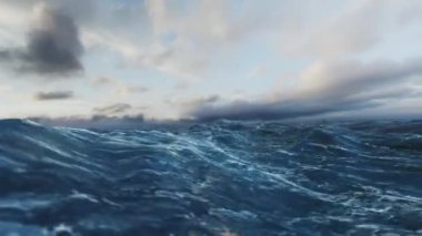 Dalgalı Deniz Döngüsü. Titrek bir okyanustaki büyük dalgaların 3D 4k animasyon döngüsü. Kamera birkaç kez su altında kalmış. Yeni versiyonu, daha da gerçekçi, yüksek kaliteli dokuları ve sıvı fiziği var..