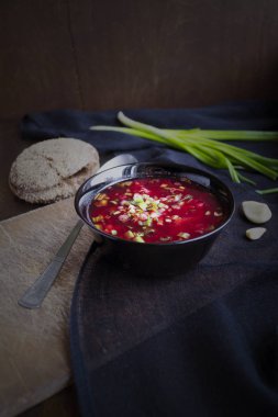 ev yapımı rustik yemek. Pancar çorbası yeşil soğan ile