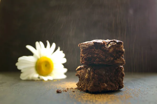 Brownie auf dunklem Hintergrund. Selektiver Fokus — Stockfoto