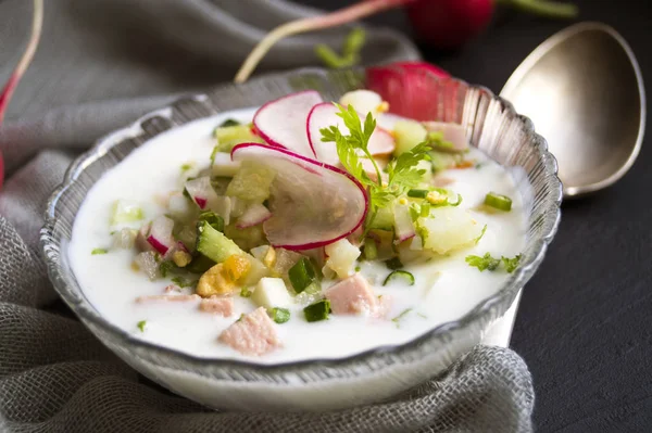 Sommaren kall soppa med kefir rädisa, gurka och dill på en svart — Stockfoto