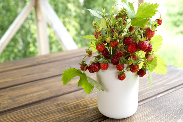 Strawberries in a white mug on a rustic wooden table. The concep
