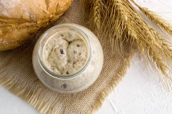 Ev yapımı ekmek için cam kavanozda aktif çavdar ekmeği..