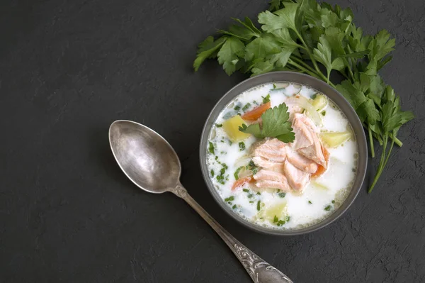 Παραδοσιακή σούπα σολομού με λαχανικά και κρέμα γάλακτος. — Φωτογραφία Αρχείου