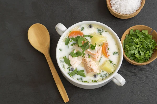 Laxsoppa med grädde, potatis, morötter och dill. en svart b — Stockfoto