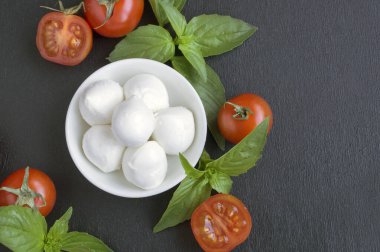 Olgun domatesli Caprese salatası ve taze fesleğen yapraklı mozzarella. İtalyan yemeği..