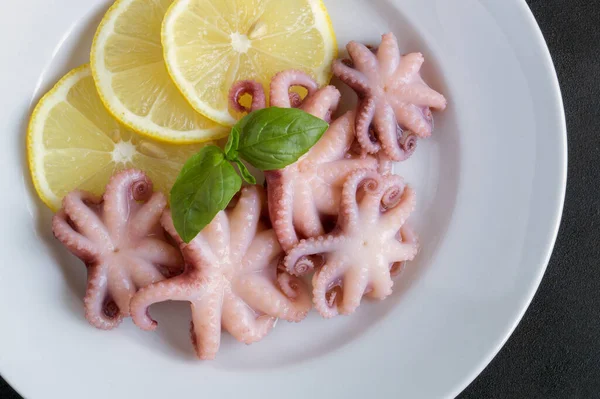 Seafood. pickled baby octopus with lemon. tasty snack.