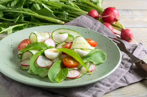 木のテーブルの上に新鮮な野菜と春のビタミンサラダ — ストック写真