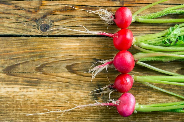 Ramo Rábanos Rojos Maduros Sobre Fondo Madera Cosecha Verano Rábanos —  Fotos de Stock