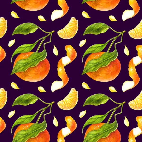 Mandarine und grüne Blätter Aquarell nahtlose Muster. botanisch — Stockfoto