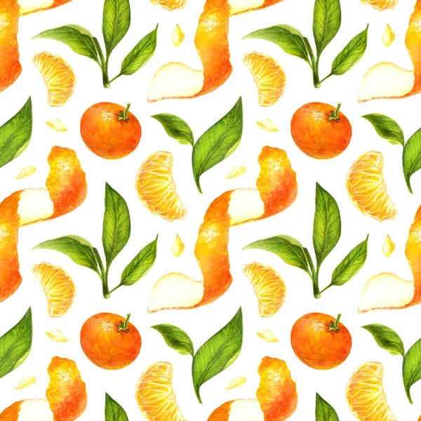 Mandarine und grüne Blätter Aquarell nahtloses Muster — Stockfoto