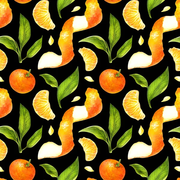 Mandarine, Schale und grüne Blätter Aquarell nahtlose Muster. botanische Malerei Zitruszweig Farbe — Stockfoto
