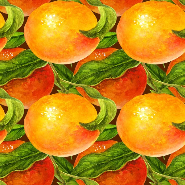 Mandarine und grüne Blätter Aquarell nahtlose Muster. Botanische Malerei Zitrus — Stockfoto